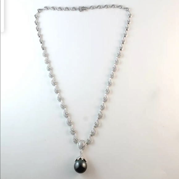 TARA 18k WHITE GOLD & 15mm BLACK TAHITIAN PEARL & 2 carat DIAMOND NECKLACE - Picture 5 of 10